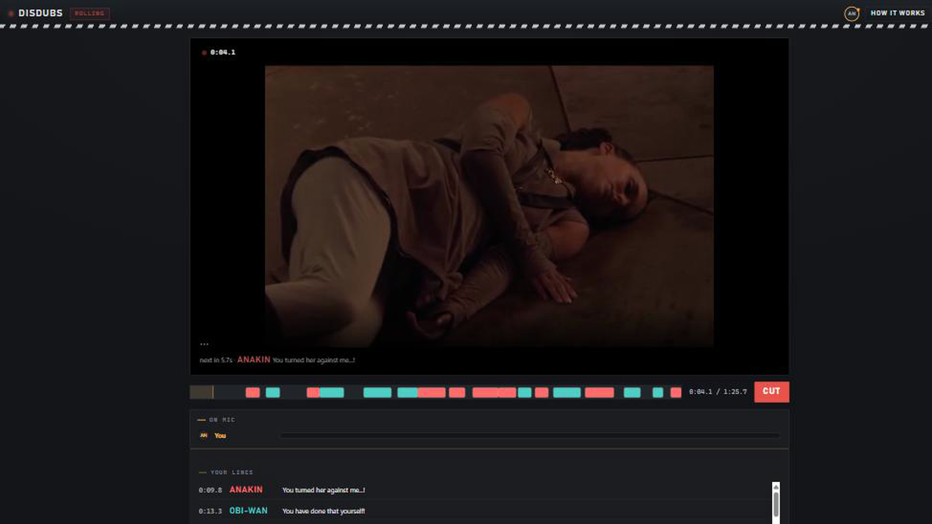 The DisDubs stage while a take is rolling: the scene playing with the script over it and the cast listed down the side.